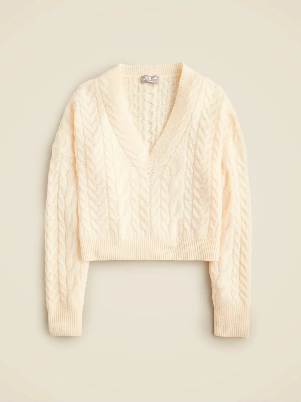 J. Crew Cashmere cropped cable-knit V-neck sweater cream ivory